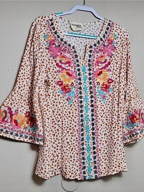 Savanna Jane Cream Embroidered Floral Tunic with Pink & Turquoise Accents 1X